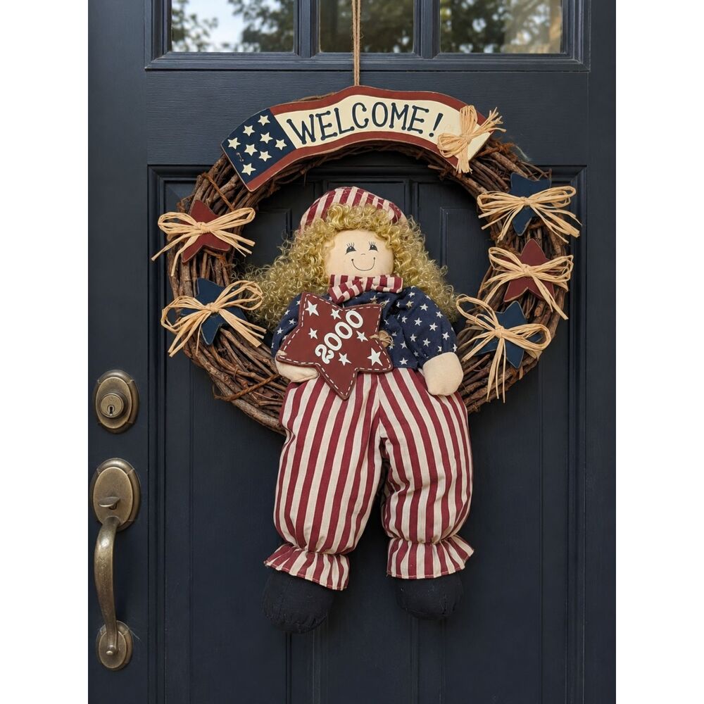 Vintage Americana Rag Doll Wreath: Patriotic Millennium 2000 Welcome Door Decor